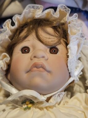 Lee Middleton Baby Doll with Lace Bonnet - Cream and Brown $120